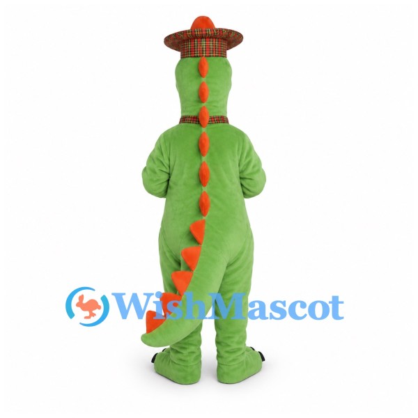 Dinosaur Mascot Costume in Green with Brown Hat and Bow Tie