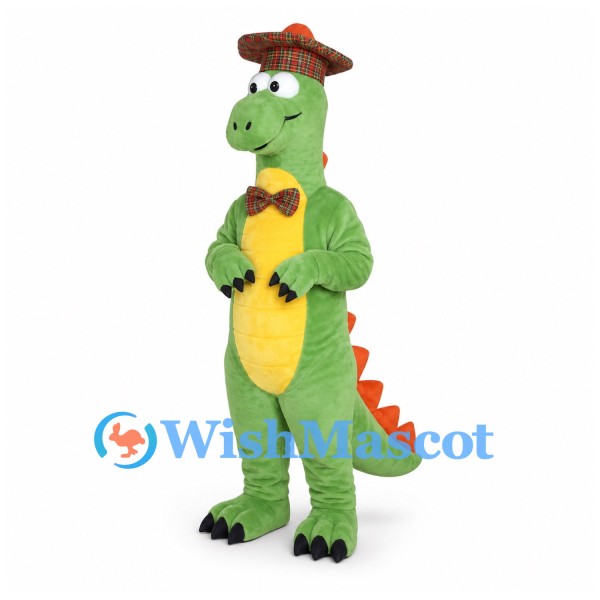 Dinosaur Mascot Costume in Green with Brown Hat and Bow Tie