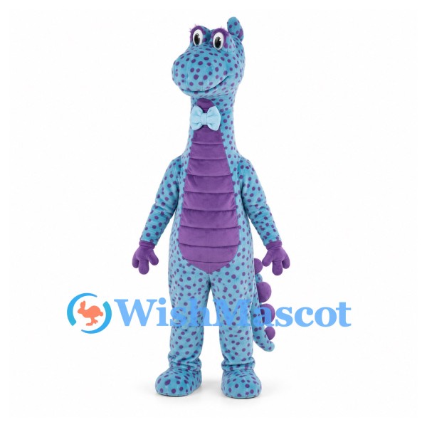 Dragon Mascot Costume in Blue with Purple Spots and Bow Tie