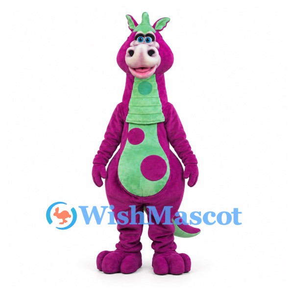 Dragon Mascot Costume in Magenta with Green Belly and Horns