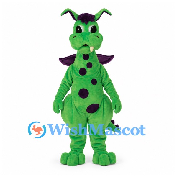 Dragon Mascot Costume in Green with Purple Spots and Small Wings