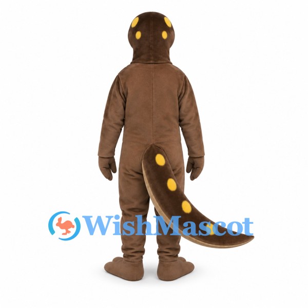 Dinosaur Mascot Costume in Brown with Tan Belly and Yellow Tail Spots