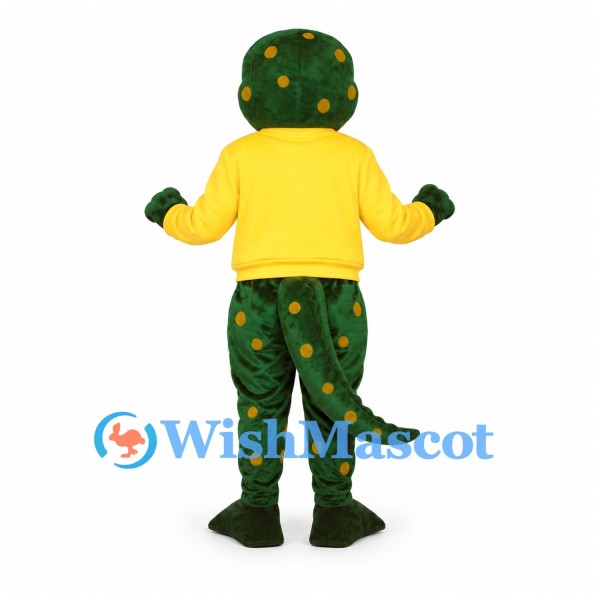 Lizard Mascot Costume with Yellow Shirt and Spotted Green Body