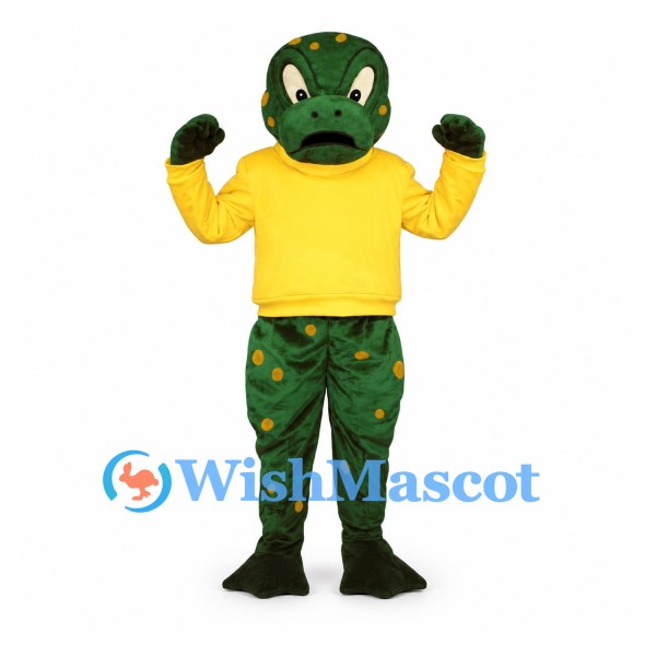 Lizard Mascot Costume with Yellow Shirt and Spotted Green Body
