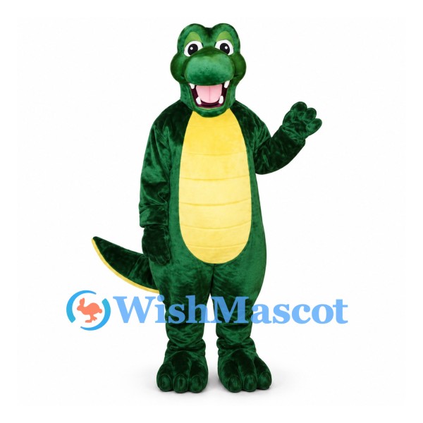Crocodile Mascot Costume in Green with Yellow Belly and Curved Tail