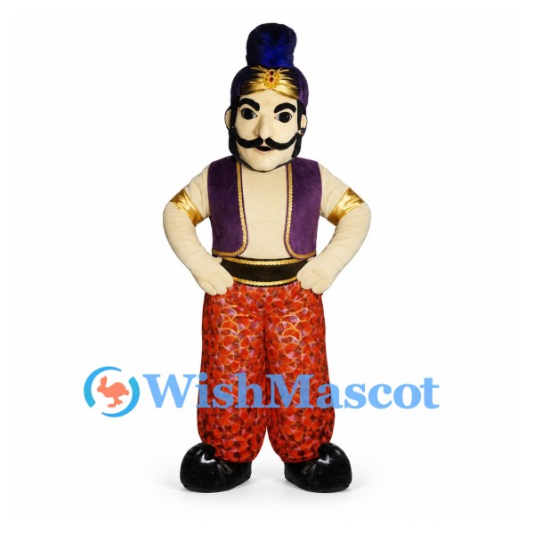Genie Mascot Costume with Purple Vest and Red Patterned Pants