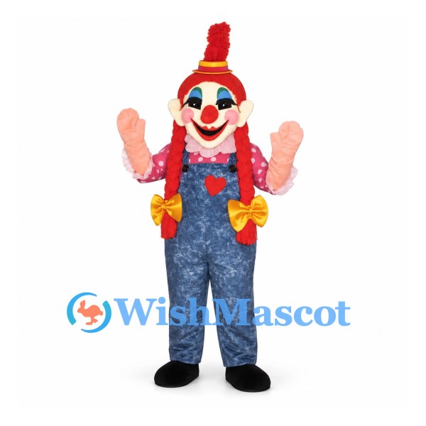 Clown Mascot Costume with Red Hair and Blue Overalls