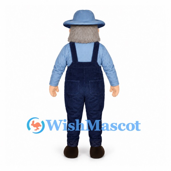 Farmer Mascot Costume with Gray Beard and Blue Overalls