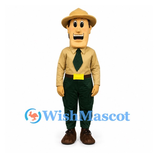 Park Ranger Mascot Costume with Tan Shirt and Green Tie