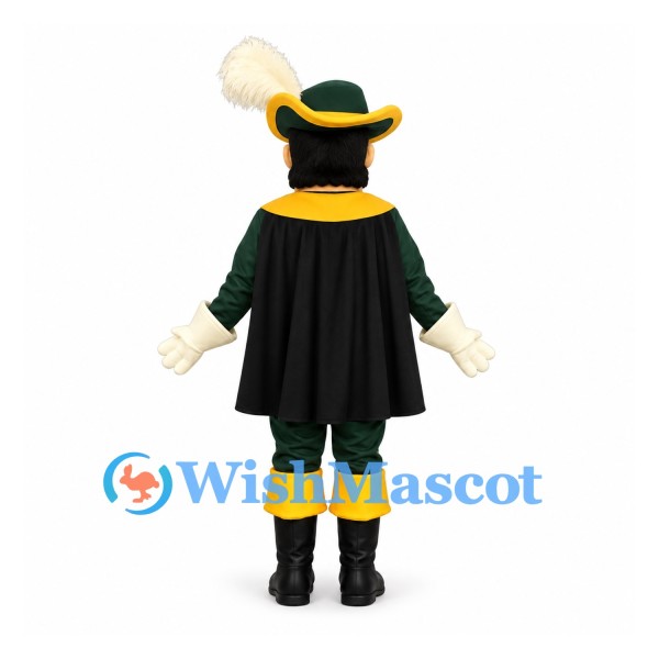Musketeer Mascot Costume with Green Uniform and Black Cape