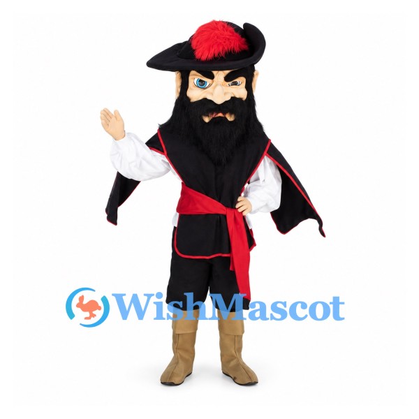 Pirate Mascot Costume with Black Beard and Red Feather Hat