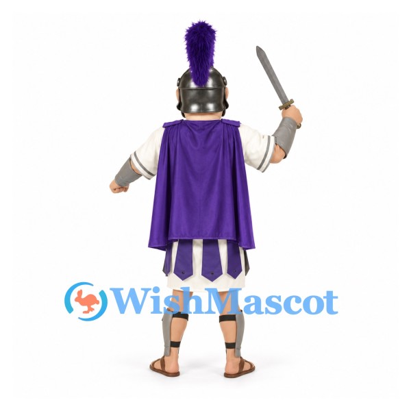 Gladiator Mascot Costume with Purple Cape and Silver Armor