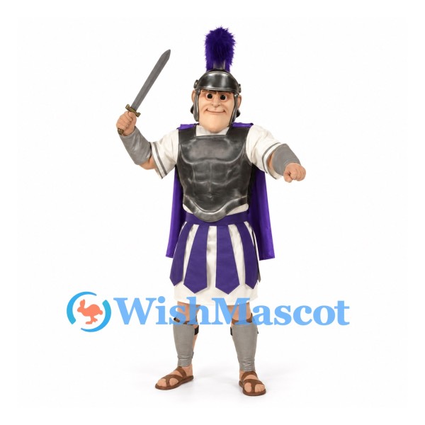 Gladiator Mascot Costume with Purple Cape and Silver Armor