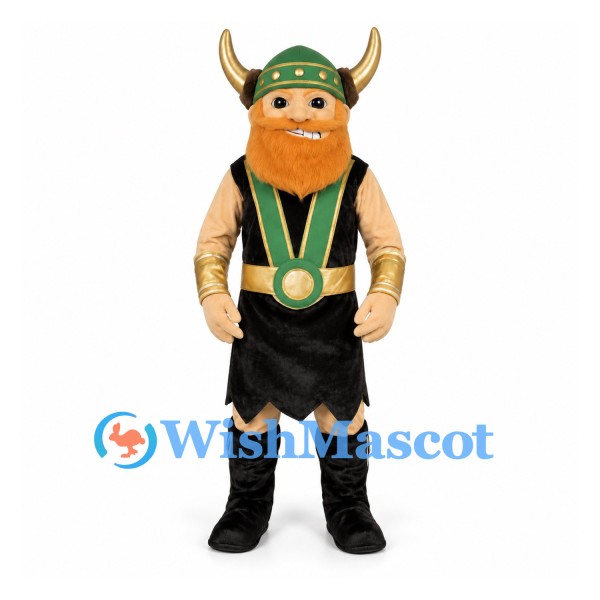 Viking Mascot Costume with Orange Beard and Green Helmet