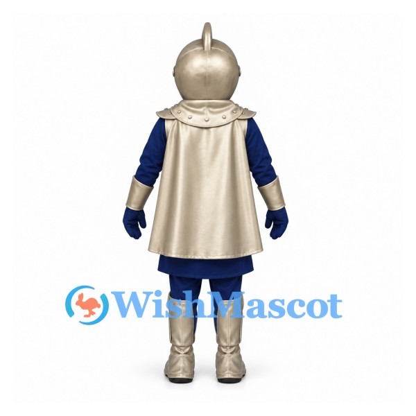 Knight Mascot Costume with Silver Armor and Blue Tunic