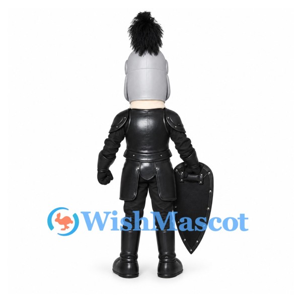 Knight Mascot Costume with Black Armor and Silver Helmet