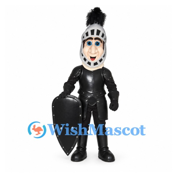 Knight Mascot Costume with Black Armor and Silver Helmet