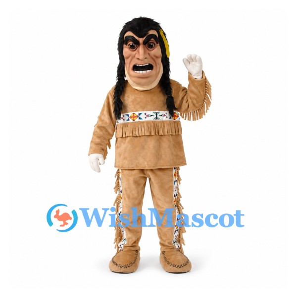 Man Mascot Costume with Long Black Hair and Tan Fringe Outfit