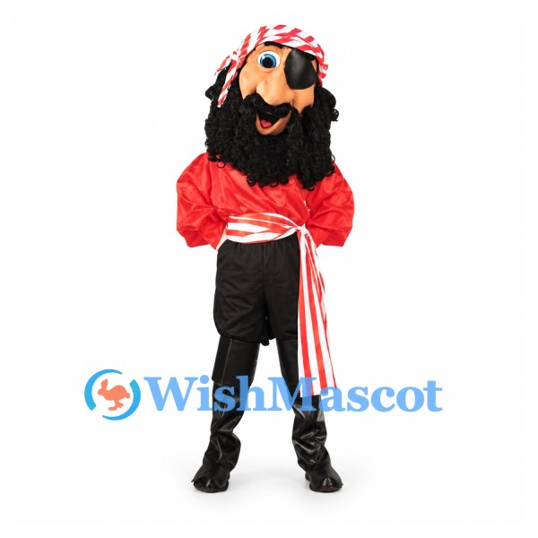 Pirate Mascot Costume with Red Shirt and Striped Bandanna