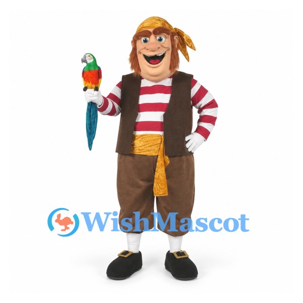 Pirate Mascot Costume with Striped Shirt and Brown Vest