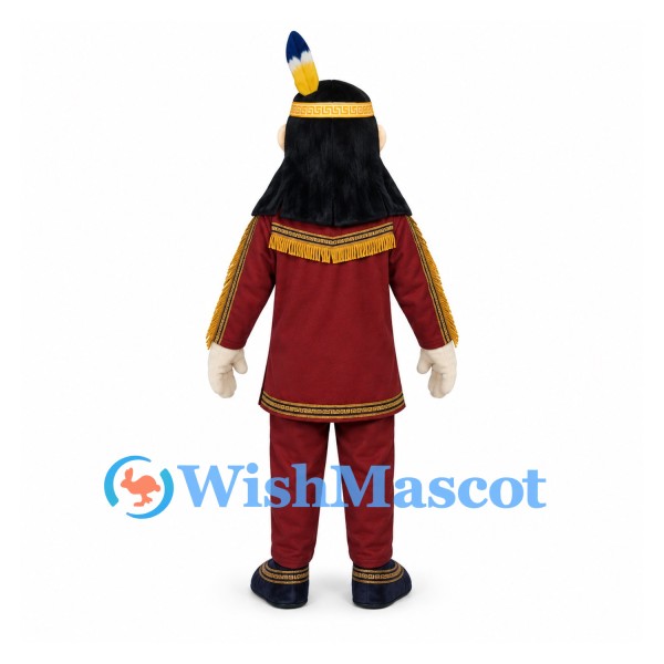 Man Mascot Costume with Burgundy Outfit and Feather Headband