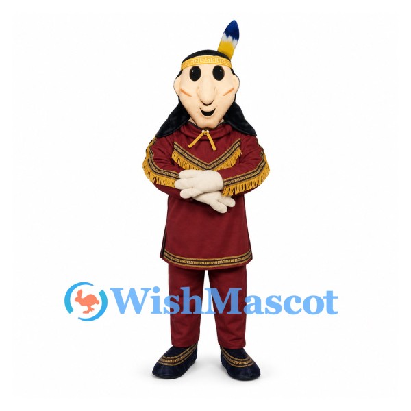Man Mascot Costume with Burgundy Outfit and Feather Headband