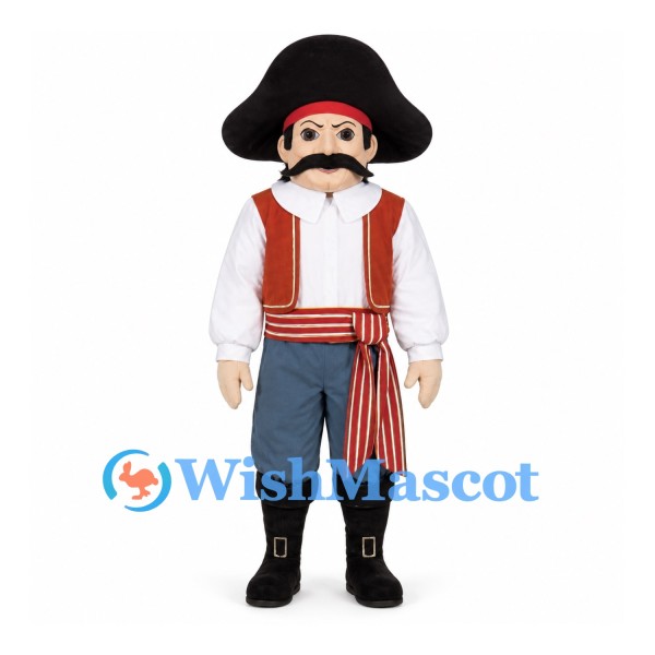 Pirate Mascot Costume with Red Striped Sash and Blue Pants