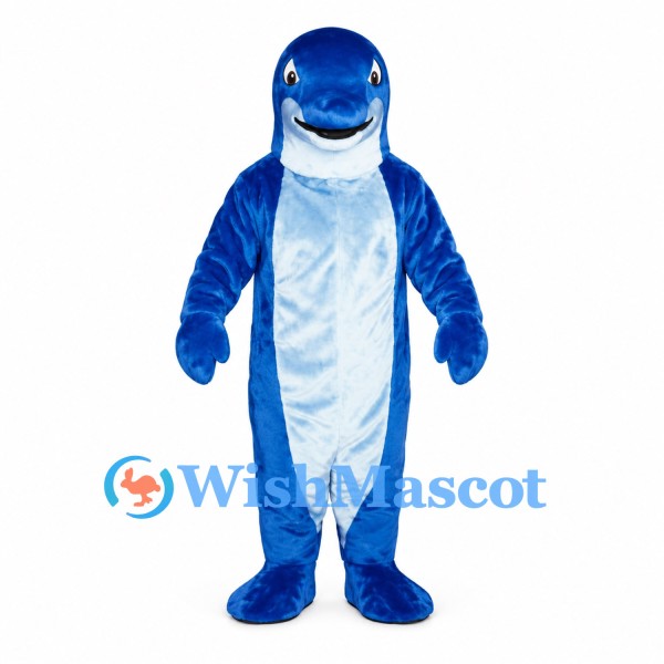 Dolphin Mascot Costume in Blue with White Belly and Back Fin