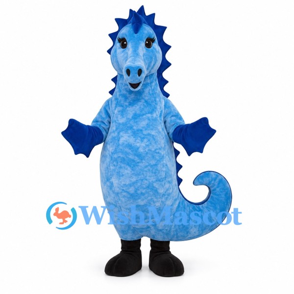 Seahorse Mascot Costume in Blue with Curled Tail and Dorsal Spines