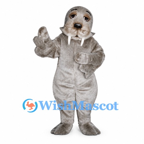 Walrus Mascot Costume in Gray with White Tusks and Whiskers