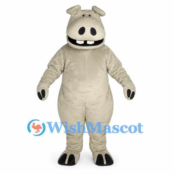 Hippo Mascot Costume in Gray with Large Muzzle and White Teeth