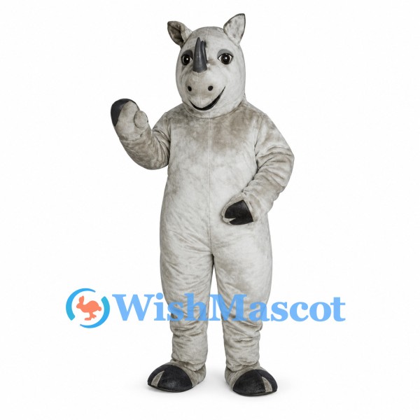 Rhino Mascot Costume in Gray with Horn and Rounded Ears