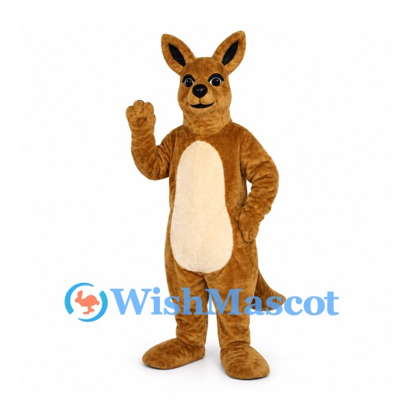 Kangaroo Mascot Costume in Brown with White Belly and Upright Ears