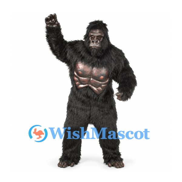 Gorilla Mascot Costume in Black with Muscular Chest and Long Fur