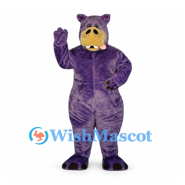Hippo Mascot Costume in Purple with Tan Muzzle and White Teeth