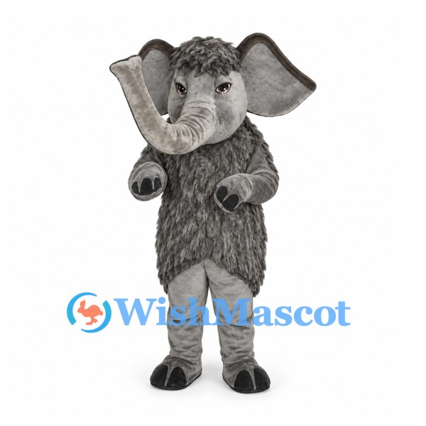 Mammoth Mascot Costume in Gray with Shaggy Body and Curved Trunk