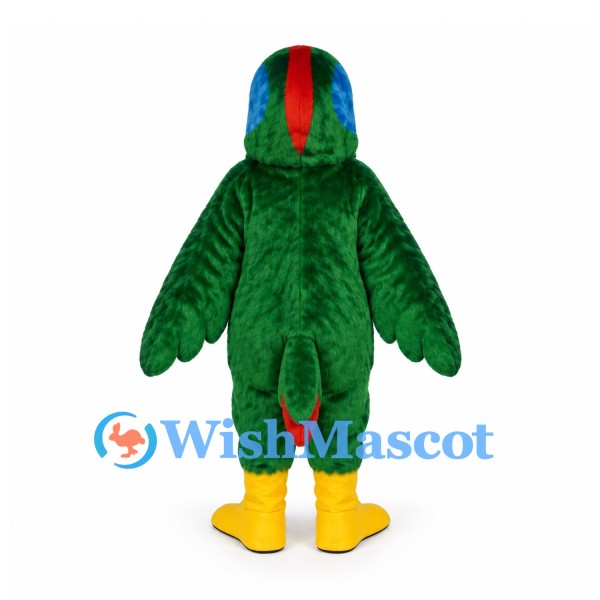 Parrot Mascot Costume in Green with Yellow Belly and Red Crest