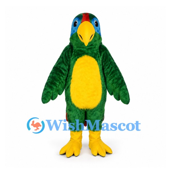 Parrot Mascot Costume in Green with Yellow Belly and Red Crest