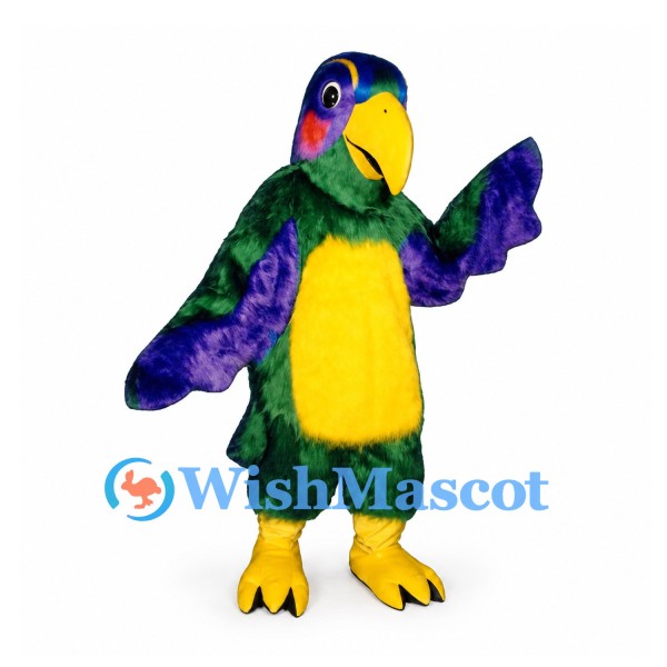 Parrot Mascot Costume with Green Body and Blue Purple Wings