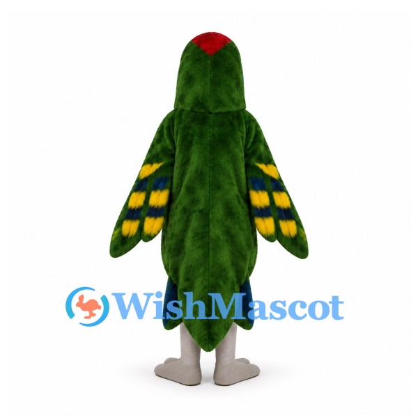 Parrot Mascot Costume in Dark Green with Colorful Head and Wing Bars