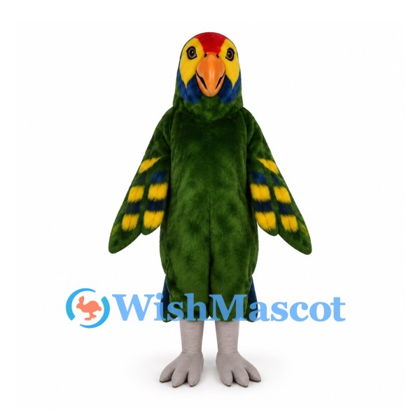Parrot Mascot Costume in Dark Green with Colorful Head and Wing Bars