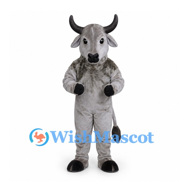 Bull Mascot Costume in Gray with Black Curved Horns