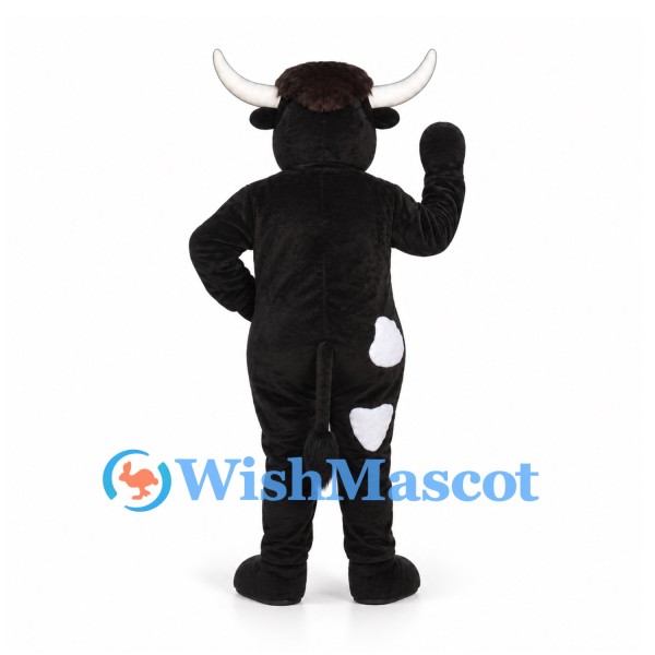 Bull Mascot Costume in Black with White Patches and Long Horns