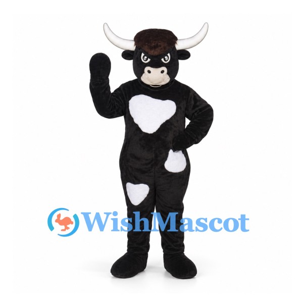 Bull Mascot Costume in Black with White Patches and Long Horns
