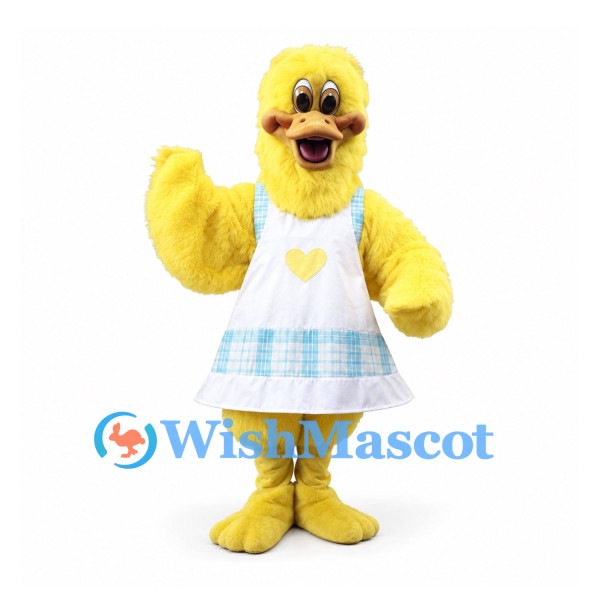 Duck Mascot Costume in Yellow with Blue Check Apron Dress