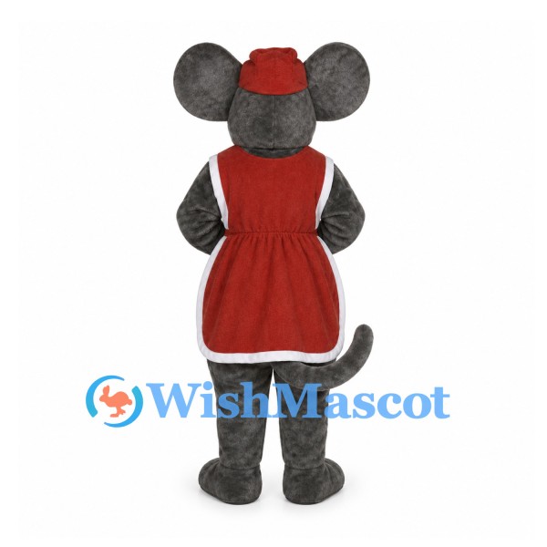 Mouse Mascot Costume in Gray with Red Apron Dress and Hat