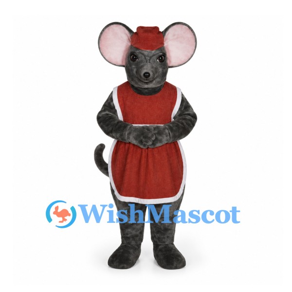 Mouse Mascot Costume in Gray with Red Apron Dress and Hat