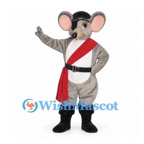 Mouse Mascot Costume with Gray Pirate Outfit and Red Sash