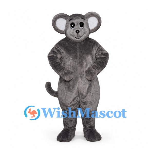 Mouse Mascot Costume in Gray with Round Ears and Thin Tail