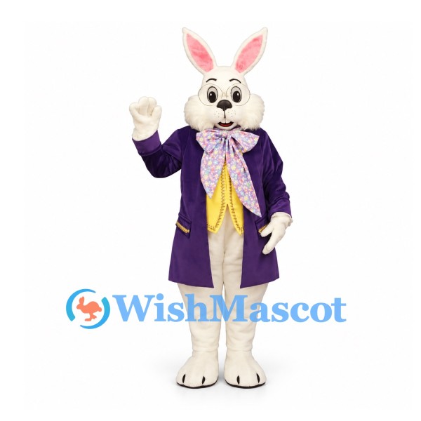 Rabbit Mascot Costume with Purple Tailcoat and Patterned Bow
